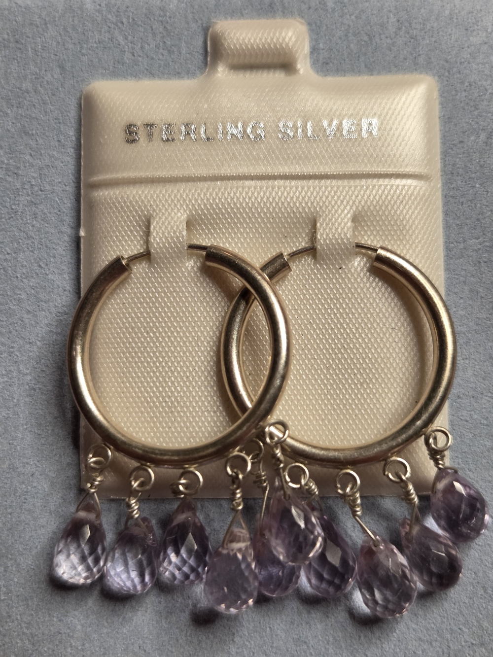 Genuine Amethyst Teardrop Sterling Silver Hoop Earrings
